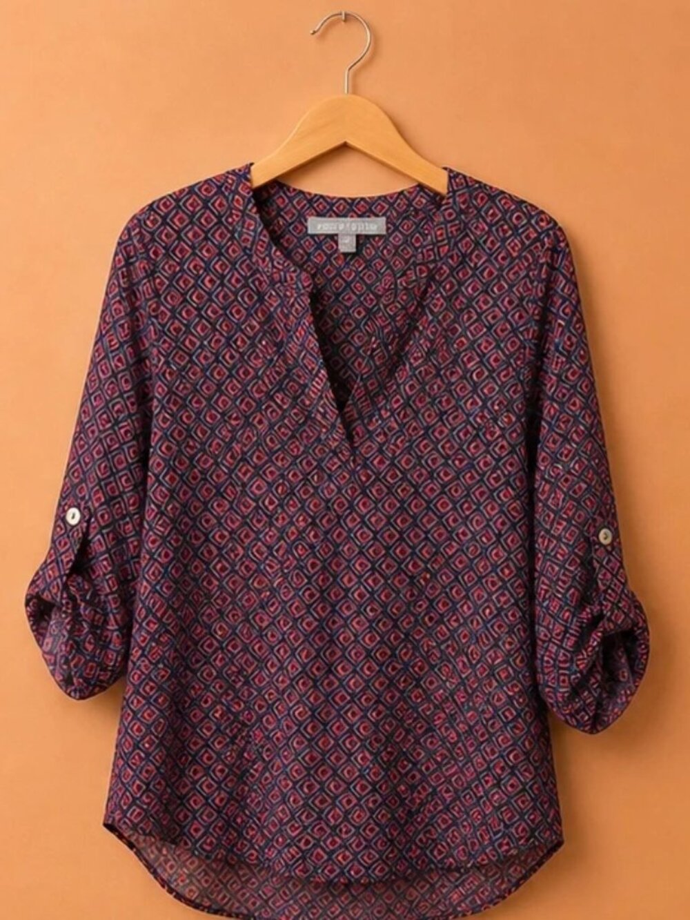 Daniel Rainn Geometric Print Blouse | Size L | Boho Chic Roll Tab Sleeve